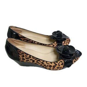 Taryn Rose Leopard Calf Hair Black Patent Leather Wedge Shoes Size 8-8.5M